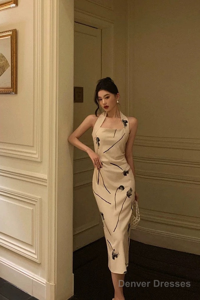 Pretty Sheath Halter Satin Floral Prom Dresses Birthday Outfits Evening Gown