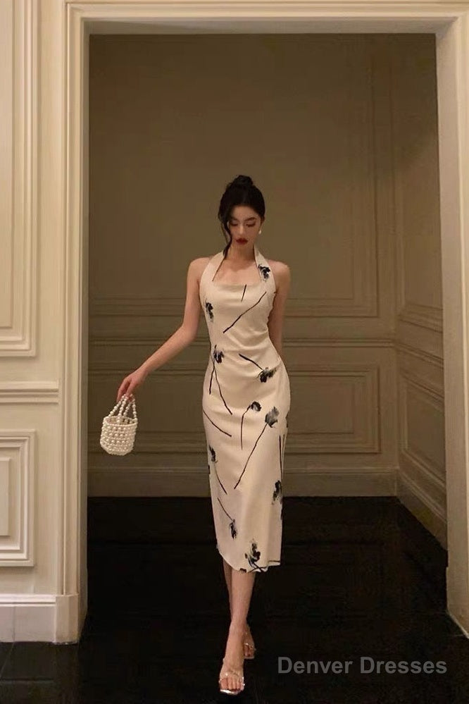 Pretty Sheath Halter Satin Floral Prom Dresses Birthday Outfits Evening Gown