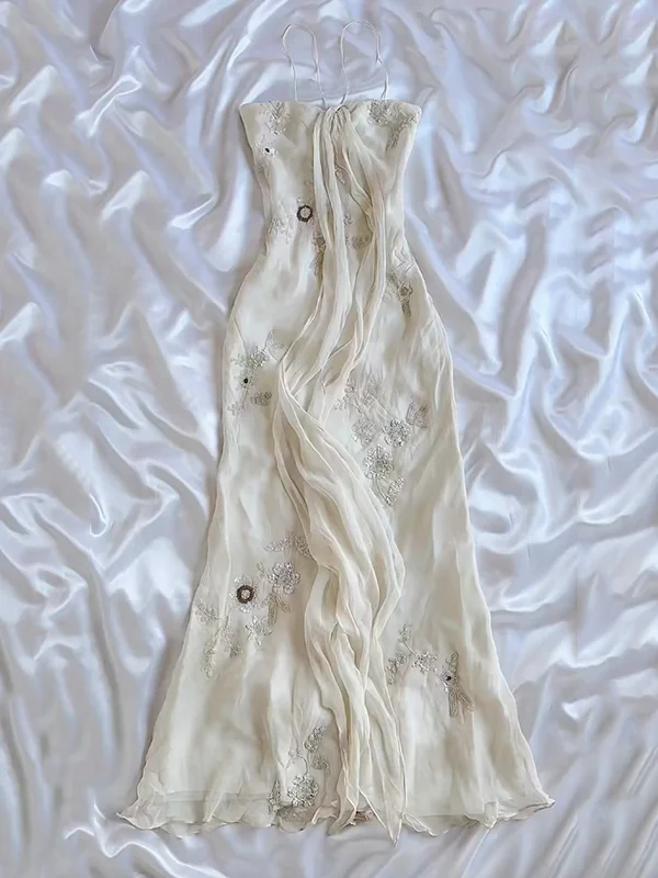 Pretty Sheath Halter Sleeveless Ivory Chiffon Prom Dress Long Evening Dress