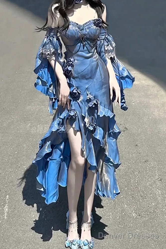 Pretty Sheath Irregular Ruffled Spaghetti Straps WomenS Blue Long Birthday Party Dresses Main image