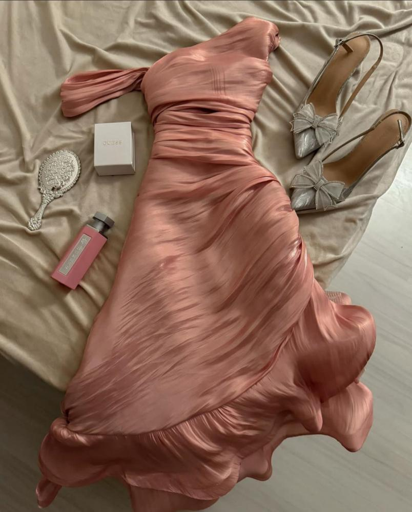 Pretty Sheath Pink Long Ruffles Prom Dresses Formal Evening Dress