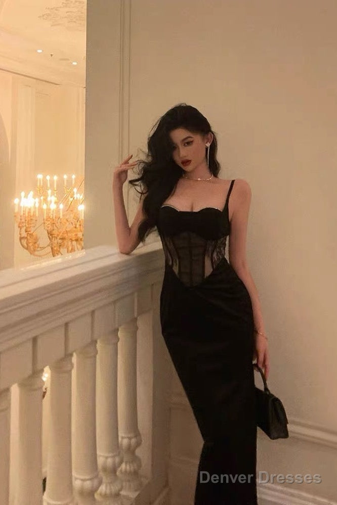 Pretty Sheath Spaghetti Straps Black Lace Date Night Dress Prom Dresses Birthday Party Outfit
