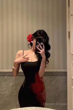 Pretty Sheath Spaghetti Straps Black Long Prom Dresses Birthday Outfits Evening Gown