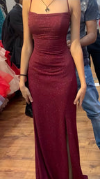 Pretty Sheath Spaghetti Straps Burgundy Slit Long Evening Dress Prom Dress