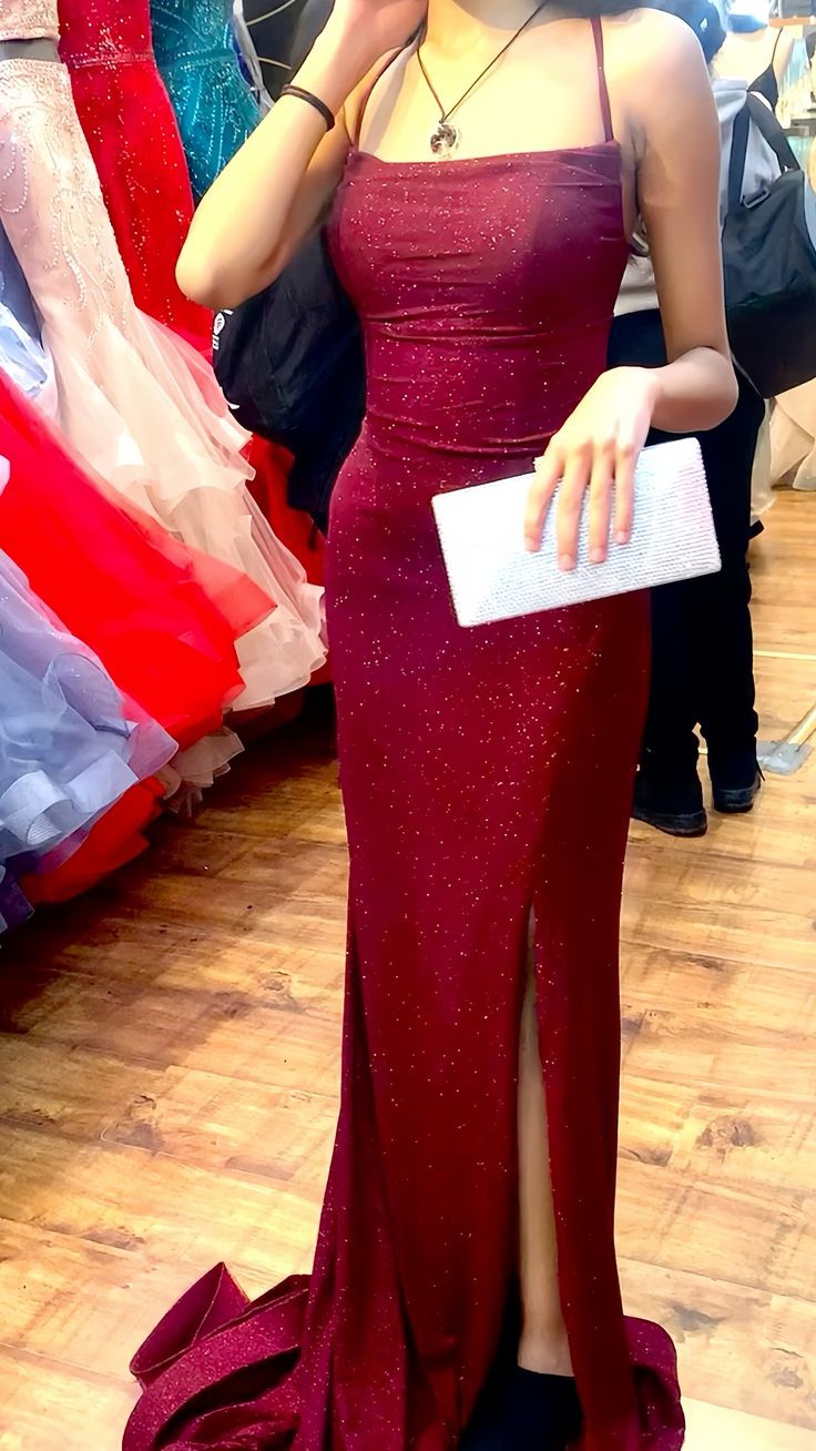 Pretty Sheath Spaghetti Straps Burgundy Slit Long Evening Dress Prom Dress