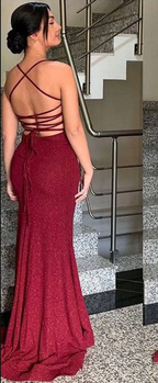 Pretty Sheath Spaghetti Straps Burgundy Slit Long Evening Dress Prom Dress