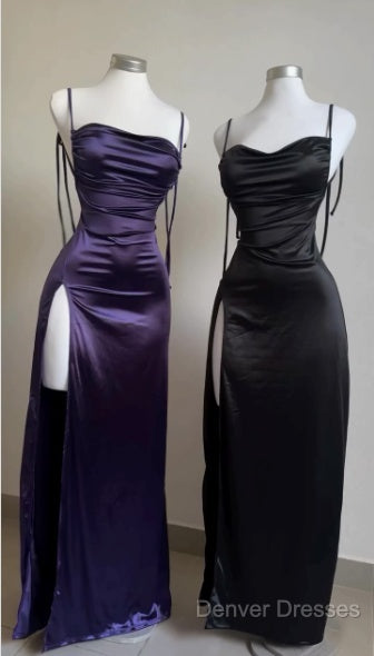 Pretty Sheath Spaghetti Straps Floor Length Ruffles Grape Slit Prom Dress Secondary image