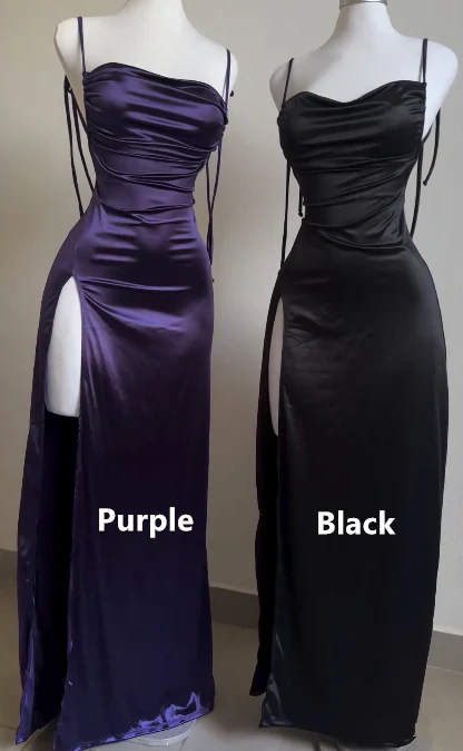 Pretty Sheath Spaghetti Straps Floor Length Ruffles Grape Slit Prom Dress Secondary image