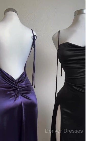 Pretty Sheath Spaghetti Straps Floor Length Ruffles Grape Slit Prom Dress