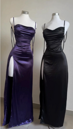 Pretty Sheath Spaghetti Straps Floor Length Ruffles Grape Slit Prom Dress