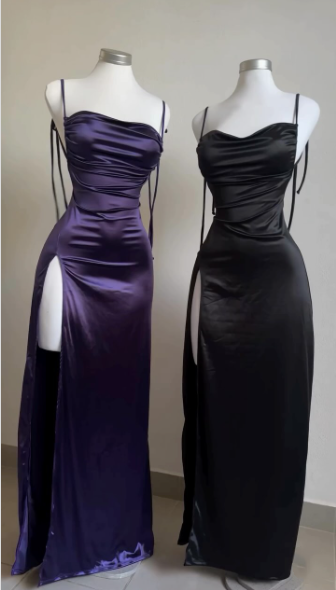 Pretty Sheath Spaghetti Straps Floor Length Ruffles Grape Slit Prom Dress