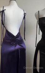 Pretty Sheath Spaghetti Straps Floor Length Ruffles Grape Slit Prom Dress