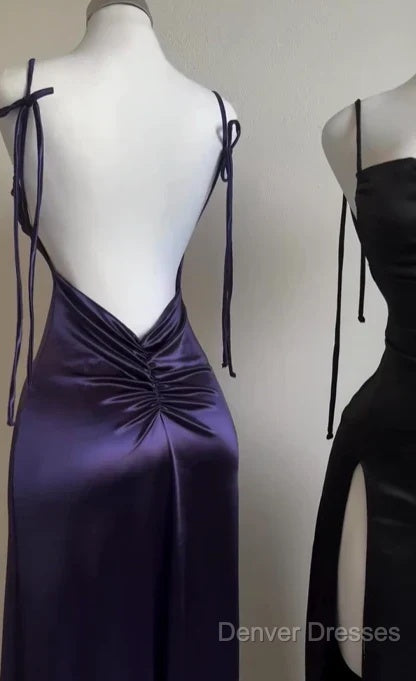 Pretty Sheath Spaghetti Straps Floor Length Ruffles Grape Slit Prom Dress