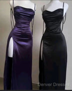 Pretty Sheath Spaghetti Straps Floor Length Ruffles Grape Slit Prom Dress