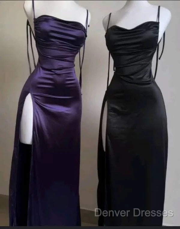 Pretty Sheath Spaghetti Straps Floor Length Ruffles Grape Slit Prom Dress