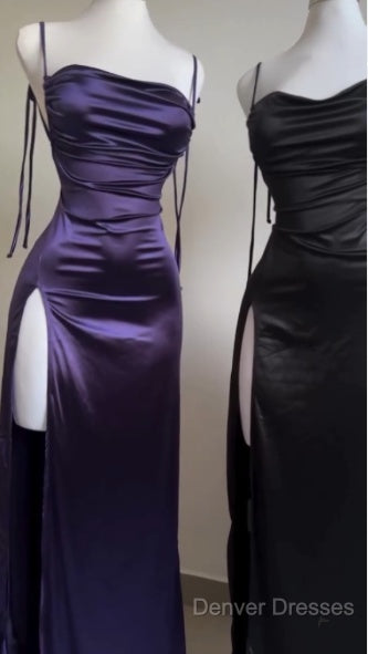Pretty Sheath Spaghetti Straps Floor Length Ruffles Grape Slit Prom Dress
