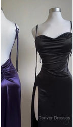 Pretty Sheath Spaghetti Straps Floor Length Ruffles Grape Slit Prom Dress