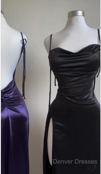 Pretty Sheath Spaghetti Straps Floor Length Ruffles Grape Slit Prom Dress