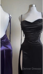 Pretty Sheath Spaghetti Straps Floor Length Ruffles Grape Slit Prom Dress