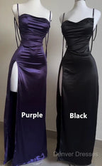 Pretty Sheath Spaghetti Straps Floor Length Ruffles Grape Slit Prom Dress