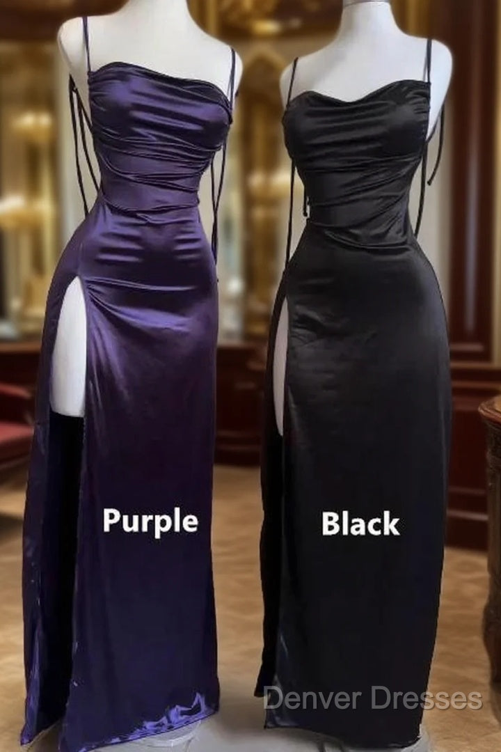 Pretty Sheath Spaghetti Straps Floor Length Ruffles Grape Slit Prom Dress Main image