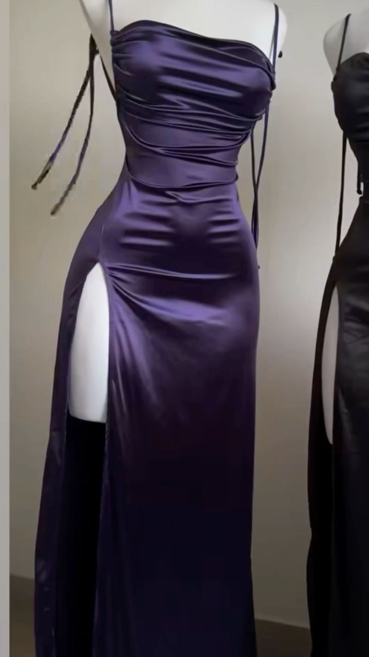 Pretty Sheath Spaghetti Straps Floor Length Ruffles Grape Slit Prom Dress Main image