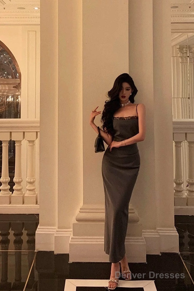 Pretty Sheath Spaghetti Straps Pleated Gray Prom Dresses Birthday Outfits Evening Gown Main image