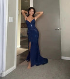 Pretty Sheath Spaghetti Straps Royal Blue Slit Long Evening Dress Prom Dress