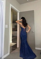 Pretty Sheath Spaghetti Straps Royal Blue Slit Long Evening Dress Prom Dress