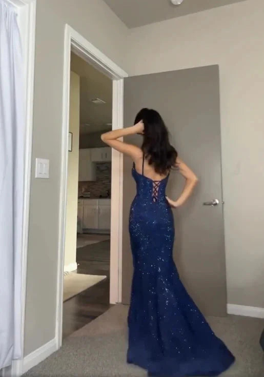 Pretty Sheath Spaghetti Straps Royal Blue Slit Long Evening Dress Prom Dress
