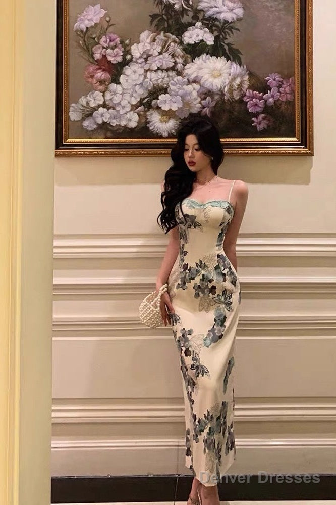 Pretty Sheath Spaghetti Straps Sleeveless Floral Date Night Dress Prom Dresses Birthday Outfits