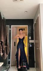 Pretty Sheath Spaghetti Straps Slit Navy Blue Sequin Prom Dress Evening Dress