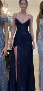 Pretty Sheath Spaghetti Straps Slit Navy Blue Sequin Prom Dress Evening Dress