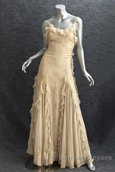 Pretty Sheath Spaghetti Straps Yellow Floor Length Evening Dress Chiffon Prom Dress