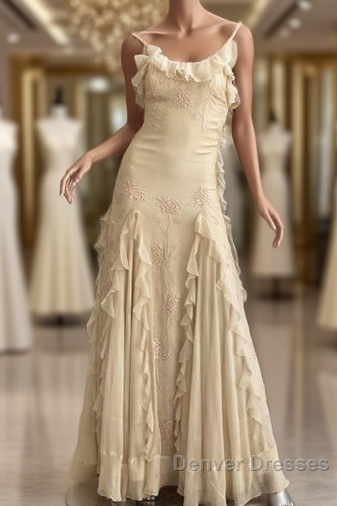 Pretty Sheath Spaghetti Straps Yellow Floor Length Evening Dress Chiffon Prom Dress