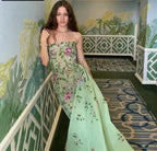 Pretty Sheath Strapless Green Floor Length Evening Dress Organza Prom Dress With Embroidered