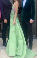 Pretty Sheath Strapless Green Floor Length Evening Dress Organza Prom Dress With Embroidered
