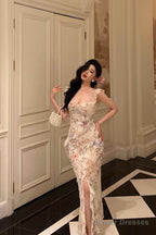 Pretty Sheath Straps Floral Chiffon Long Prom Dresses Birthday Outfits Evening Gown