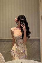 Pretty Sheath Straps Floral Chiffon Long Prom Dresses Birthday Outfits Evening Gown