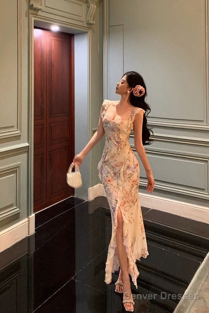 Pretty Sheath Straps Floral Chiffon Long Prom Dresses Birthday Outfits Evening Gown