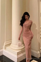 Pretty Sheath V Neckline Long Sleeves Pink Prom Dresses Birthday Outfits Evening Gown