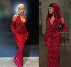 Pretty Sheath V Neckline Red Sequin Long Prom Dress Formal Evening Dress