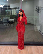 Pretty Sheath V Neckline Red Sequin Long Prom Dress Formal Evening Dress