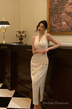 Pretty Sheath V Neckline Sleeveless Date Night Dress White Prom Dresses Birthday Party Outfit
