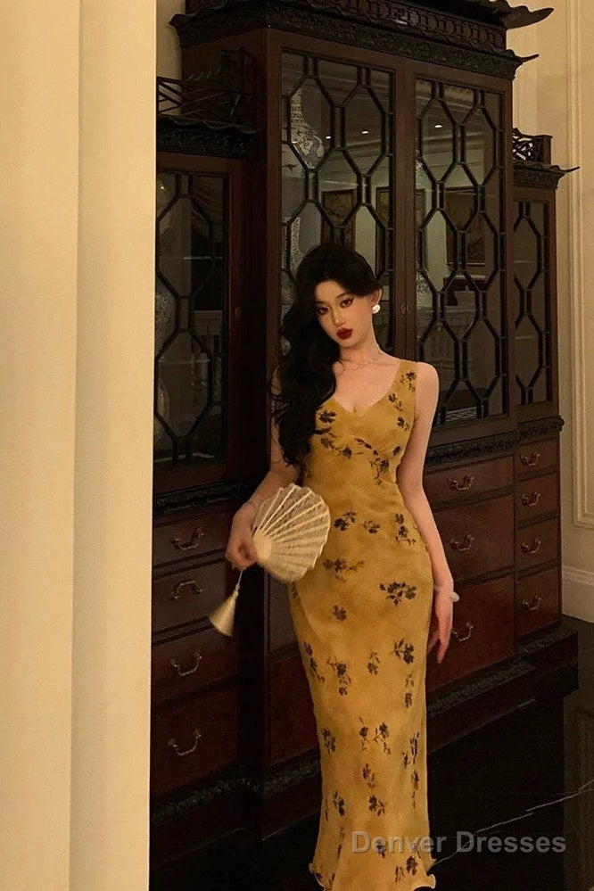 Pretty Sheath V Neckline Yellow Floral Date Night Dress Prom Dresses Birthday Party Outfit Secondary image