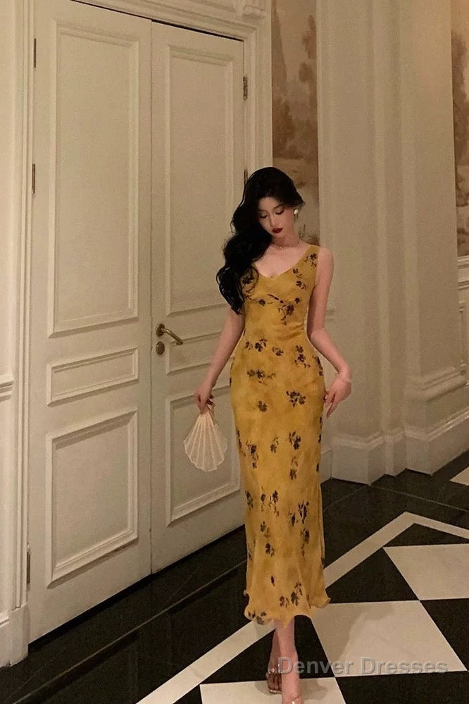 Pretty Sheath V Neckline Yellow Floral Date Night Dress Prom Dresses Birthday Party Outfit