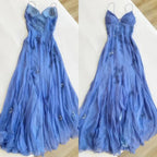 Pretty Spaghetti Straps V-Neck Beaded Backless Prom Dress Party Dress