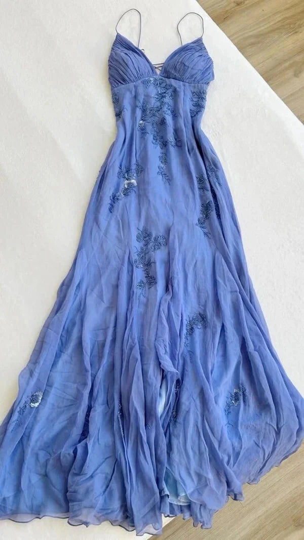 Pretty Spaghetti Straps V-Neck Beaded Backless Prom Dress Party Dress