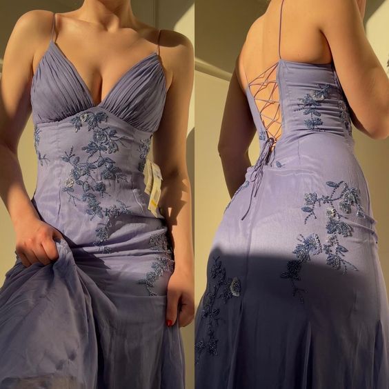 Pretty Spaghetti Straps V-Neck Beaded Backless Prom Dress Party Dress