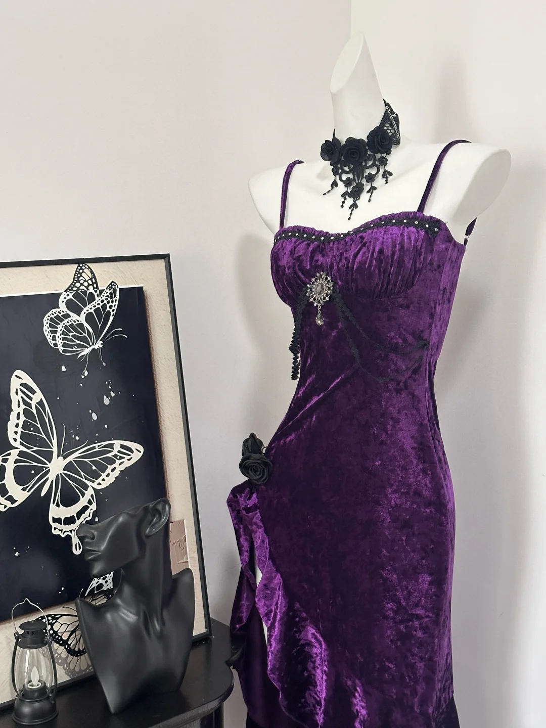Pretty Spaghetti Straps Purple Velvet Ruffle Party Dress Birthday Evening Dress